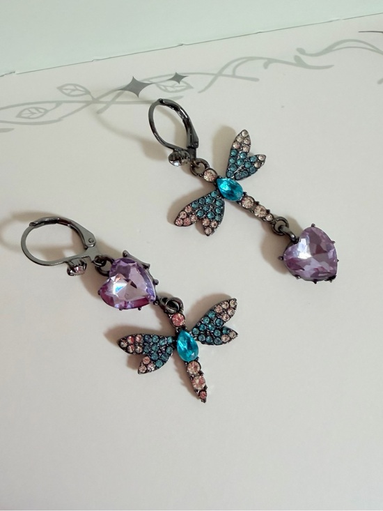 Betsey Johnson Jewelry - Betsey Johnson Purple Heart & Teal Dragonfly Drop Earrings